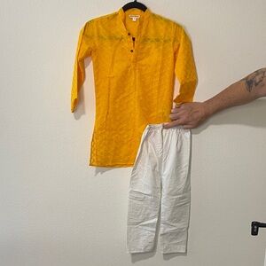 Boys Yellow Kurta with White Pants Set Ethnic Wear Full Sleeve